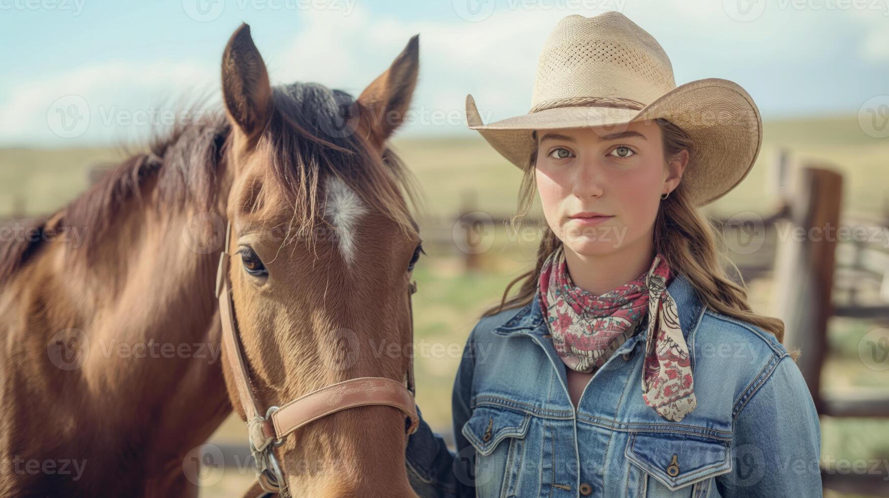 Portrait of a Cowgirl in Denim Jacket and Straw Hat Next to Horse in Ranch Setting Perfect for Western-Themed Designs, Prints, and Posters photo