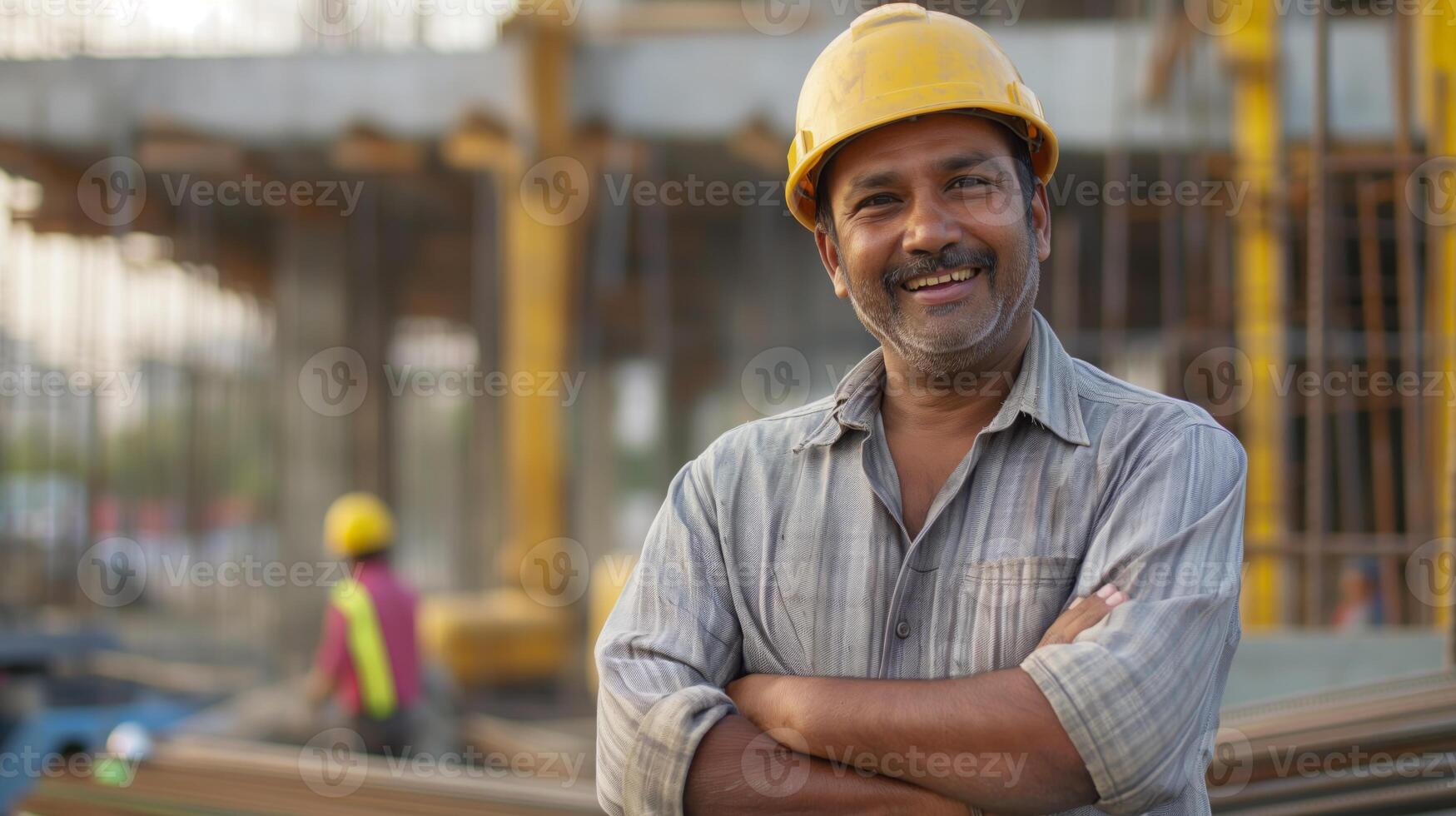 Middle-Aged Indian Construction Worker Smiling at Work Site, Industrial Background, Diverse Workforce Concept, Professional Stock Image for Editor photo