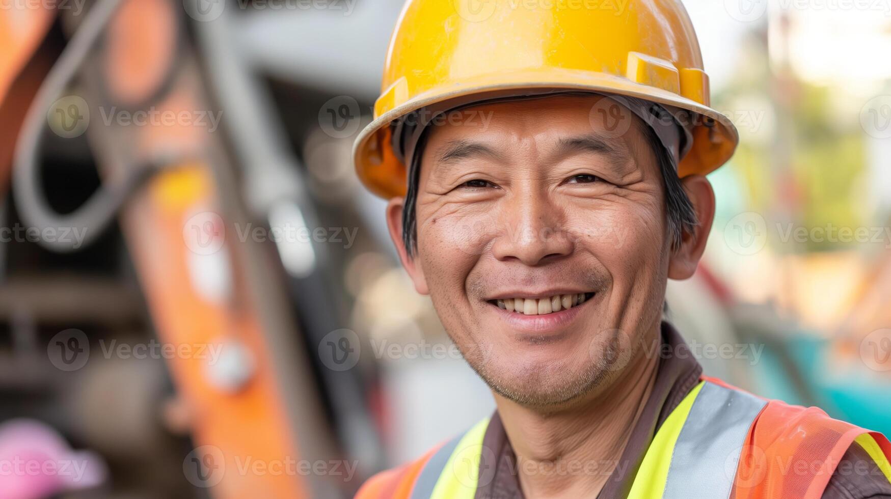 Middle Aged East Asian Construction Worker Smiling at Job Site Outdoors, Safety Helmet and Hi-vis Vest photo