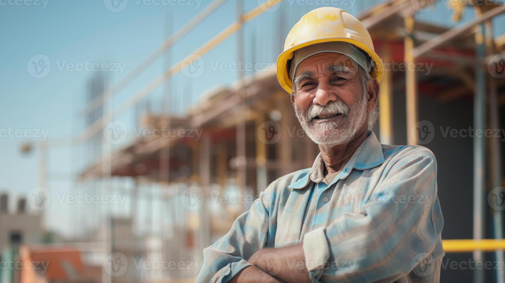 Elderly Pakistani Worker Smiling, Wearing Hard Hat on Construction Site - Stock Photo for Diversity and Labor Representation