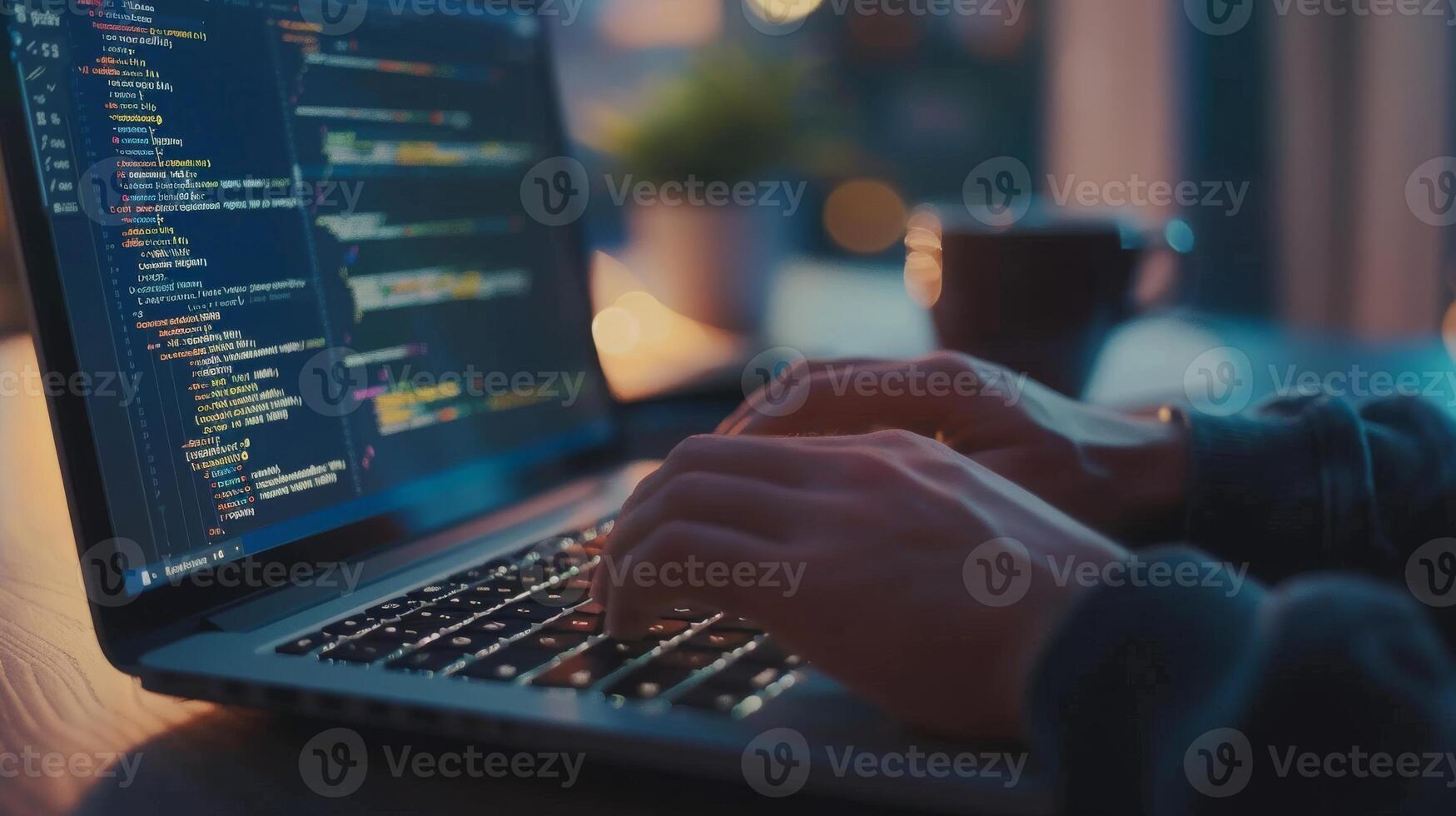 Programming at Night - Close-up of Hands Typing Code on Laptop Keyboard in Dimly Lit Workspace, Software Development, Technology photo