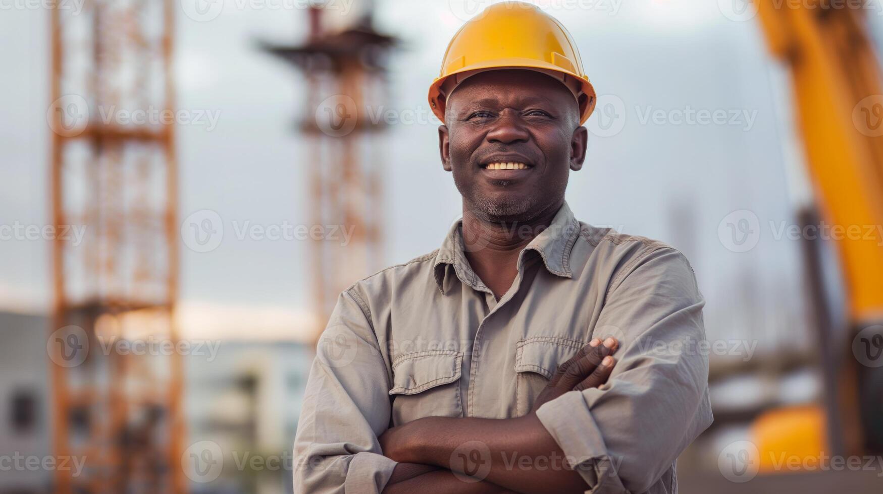Middle-Aged African Man Smiling at Construction Site, Showcasing Diversity in Engineering, Hard Hat, Profession, and Confidence, Perfect for Print, Card, Poster Design photo