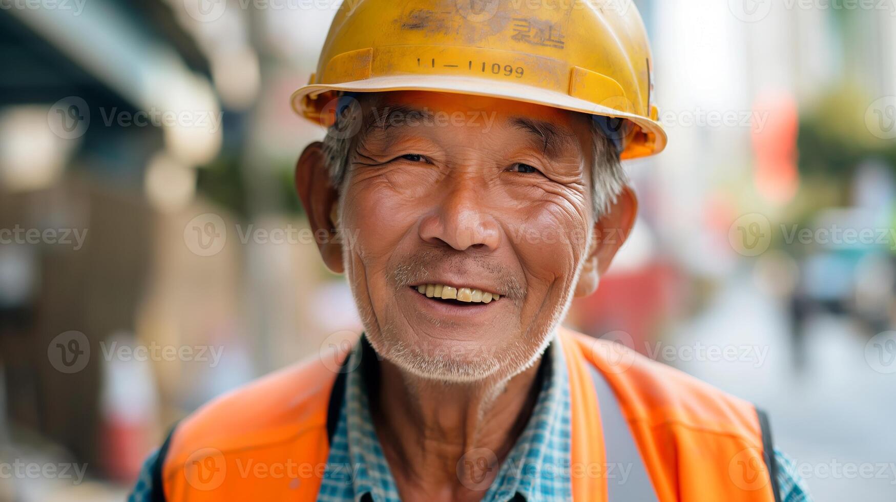 Elderly Asian Construction Worker Smiling, Wearing a Yellow Hard Hat and Orange Vest on a City Street photo
