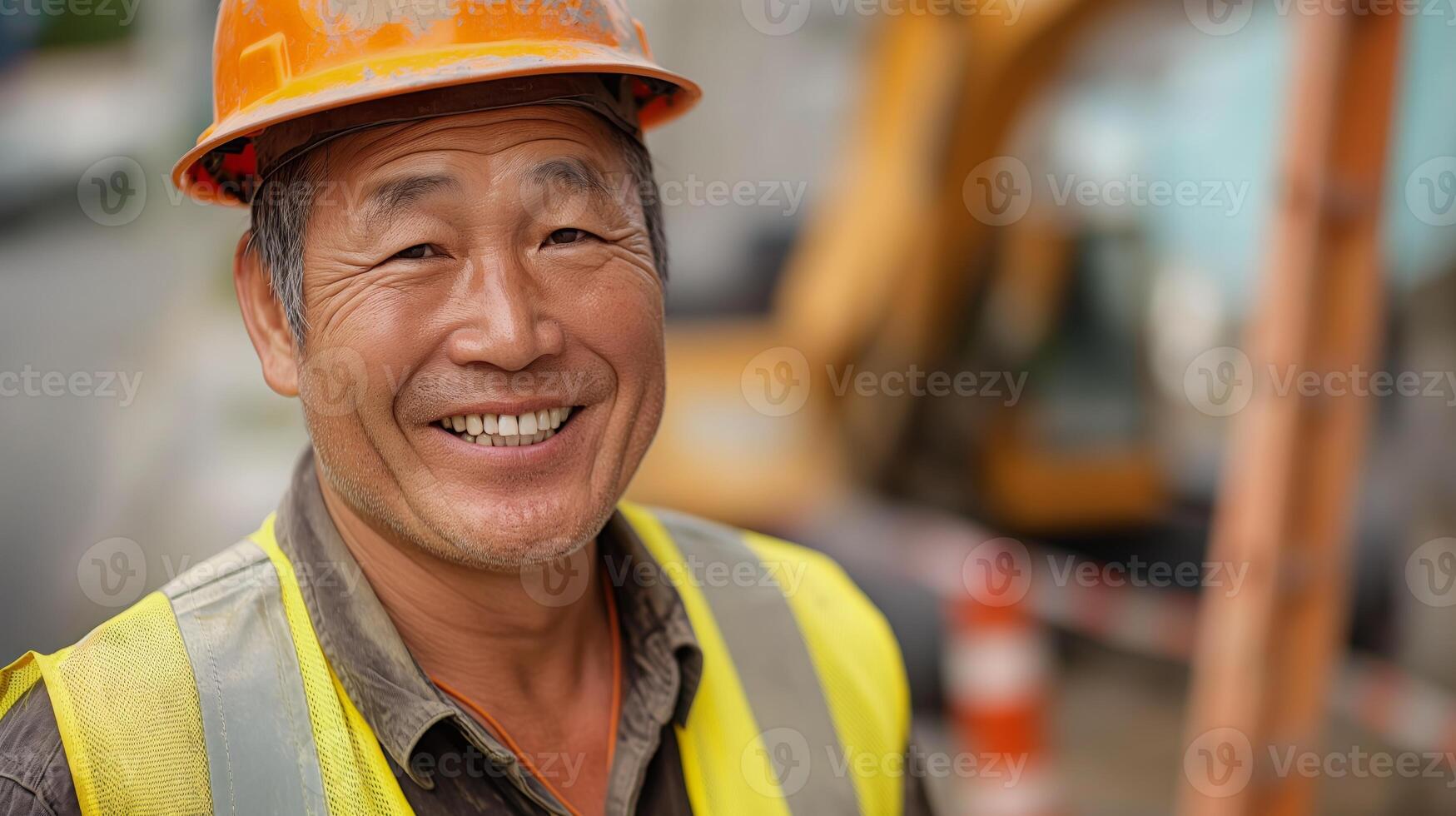 Cheerful Middle-Aged Korean Construction Worker in Safety Gear Wearing an Orange Hard Hat and Reflective Vest on a Job Site photo