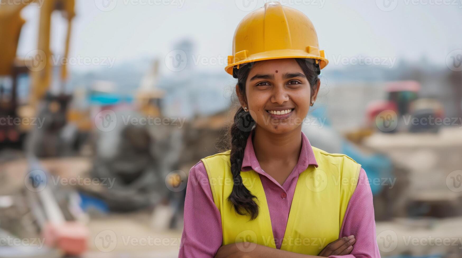 Young Indian Female Engineer at Construction Site Wearing Safety Helmet and Vest, Smiling Confidently - Professional Stock Photo for Diversity and Work Themes