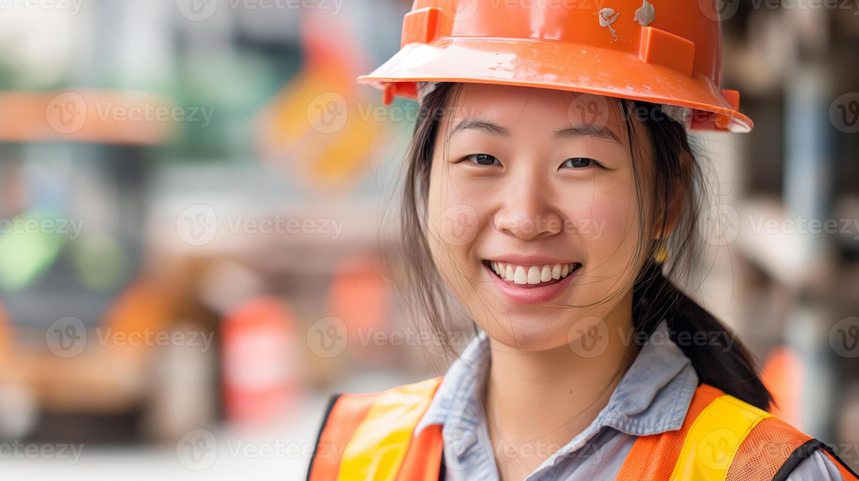 Portrait of Smiling Young Chinese Woman Wearing Safety Helmet and Reflective Vest at Construction Site photo
