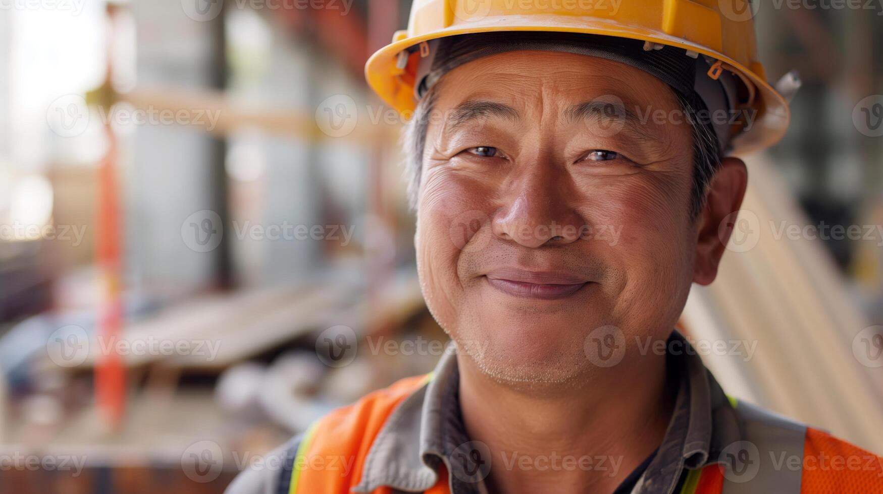 Smiling Middle-Aged Korean Construction Worker in Safety Gear, Confident Expression, On-Site Working Environment photo
