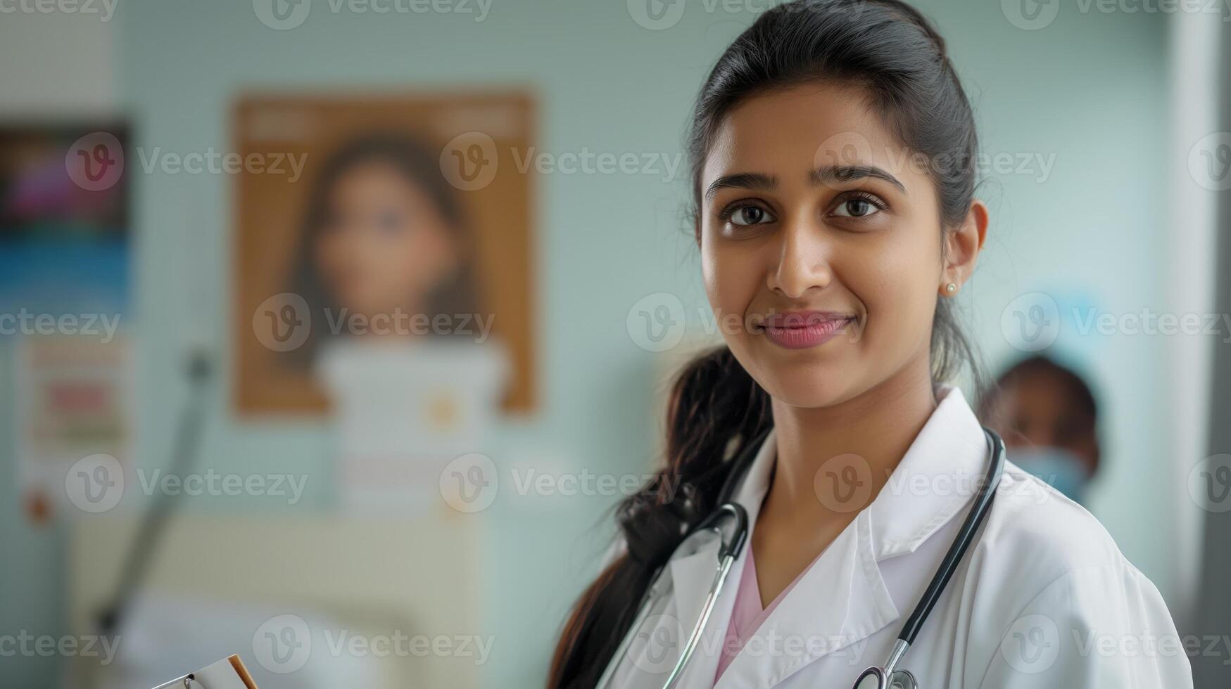 Indian Female Doctor in Clinic, Healthcare Professional, Medical Environment, Stethoscope and Chart, Focus on Women in Medicine photo