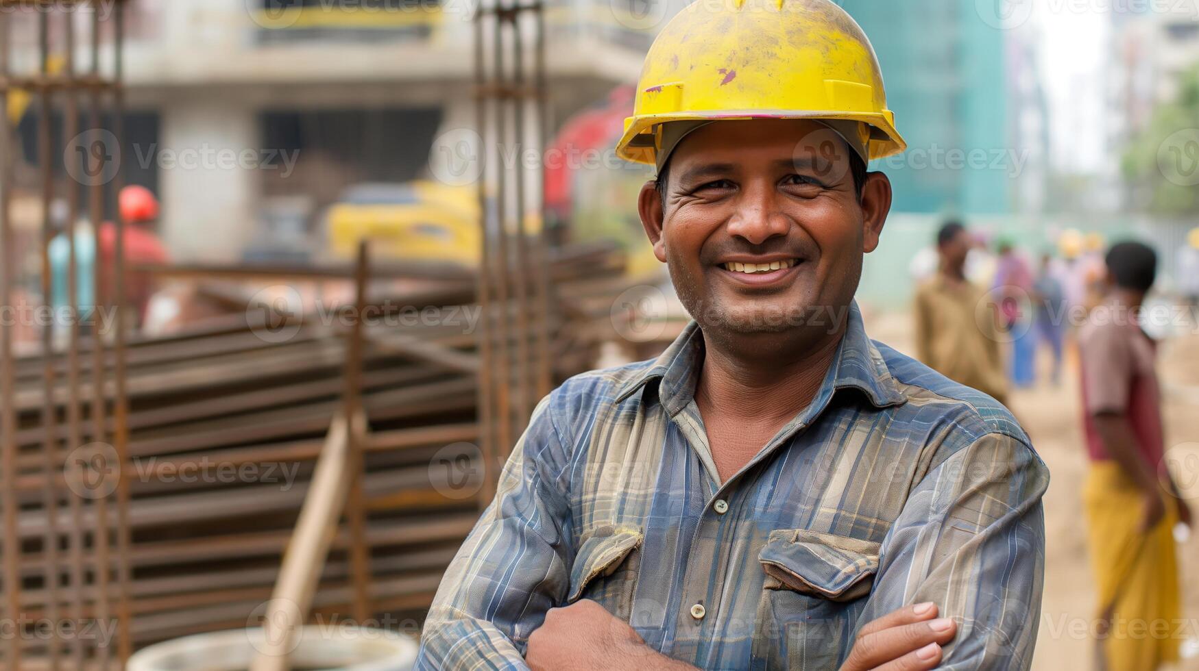 Middle Aged Bangladeshi Construction Worker Smiling During Work on Busy Site photo