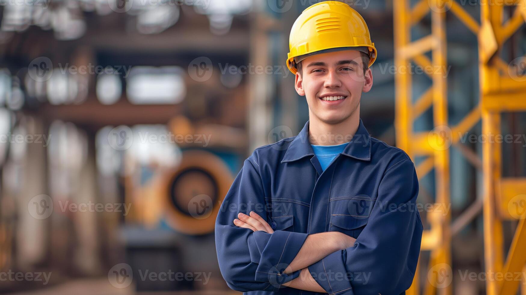 Young Male Worker in Hard Hat Smiling Confidently at Construction Site photo