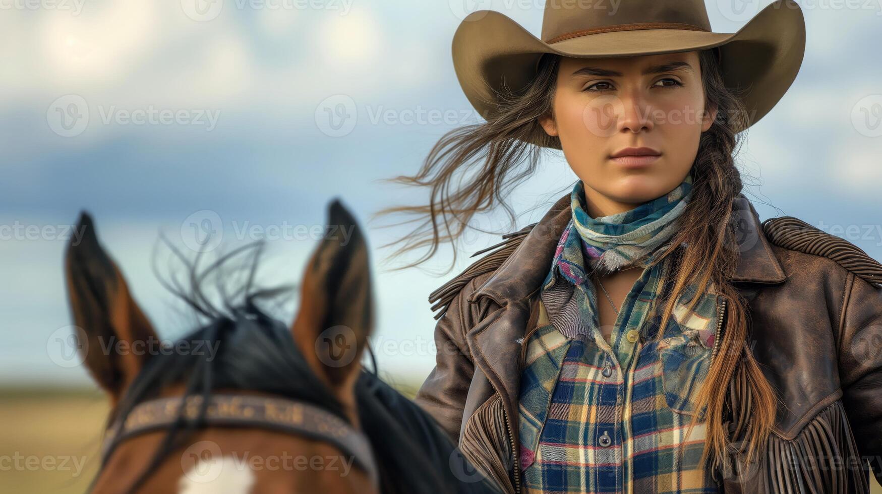 Cowgirl Riding Horse in Countryside, Western Style Portrait, Perfect for Design, Print, Card, Poster photo