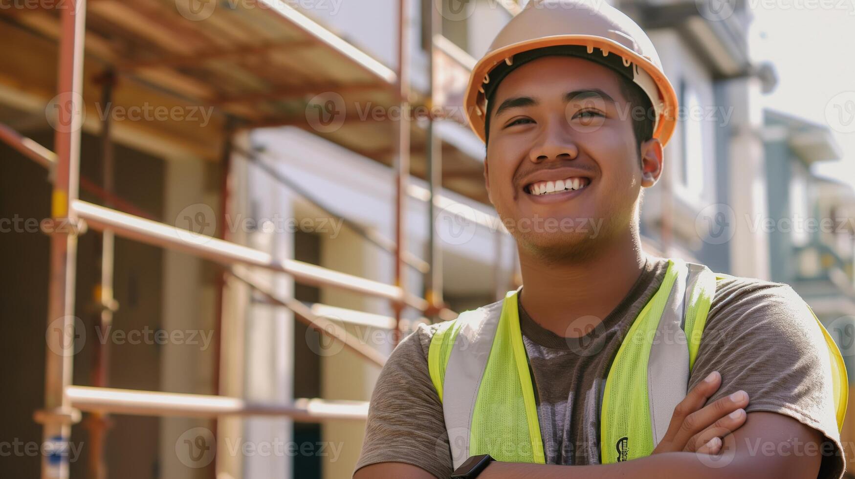 Young Pacific Islander Man Smiling While Working on a Construction Site, Safety Helmet and Reflective Vest, Architectural Project, Engineering, Urban Development photo