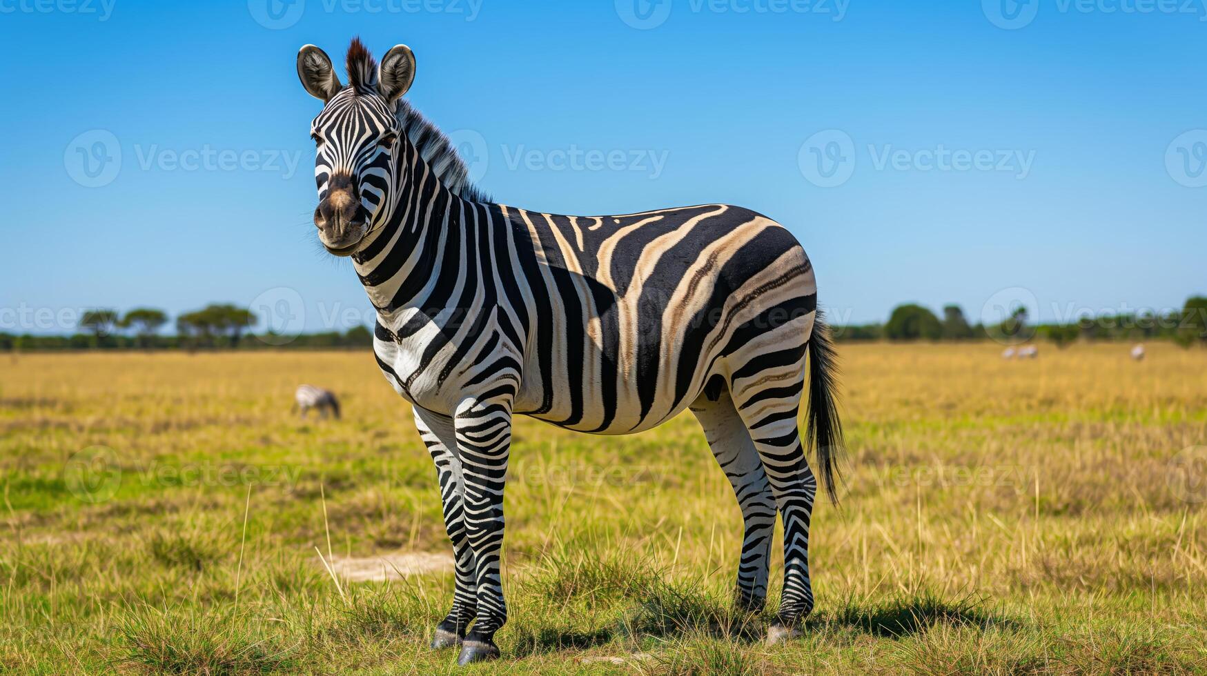 In a grassy field, a zebra stands majestically in its natural habitat photo