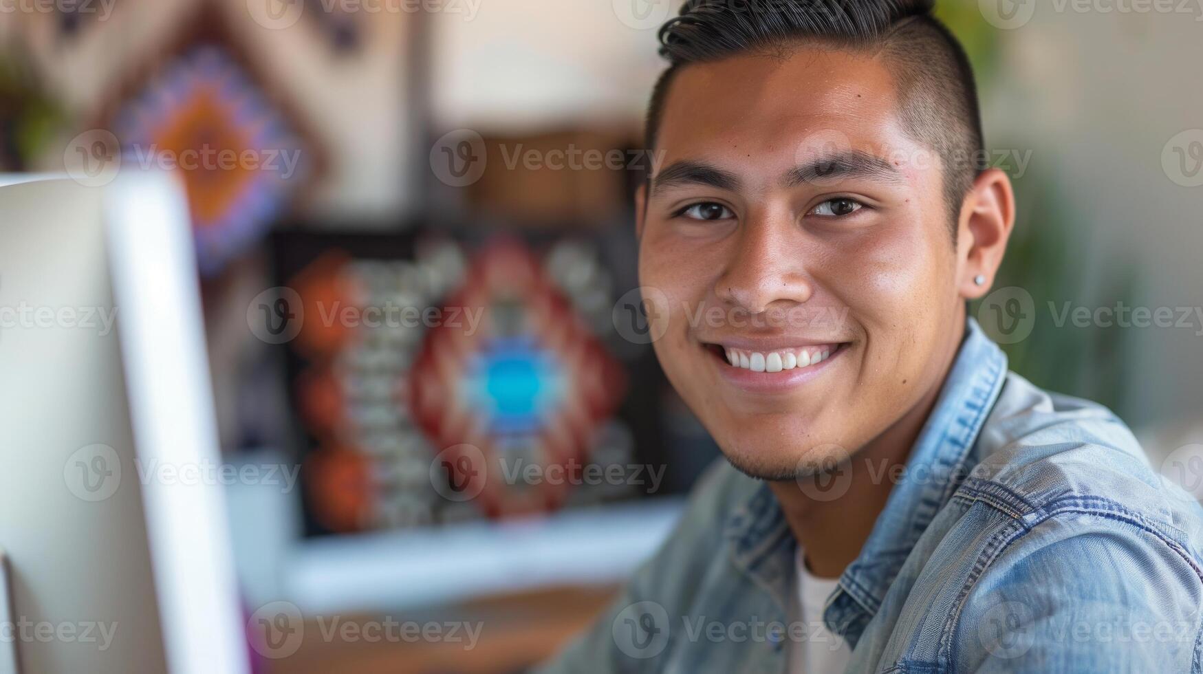 Native American Man Smiling in Office, Computer Desk Background, Ethnic Design, Diversity Concept, Professional Environment photo