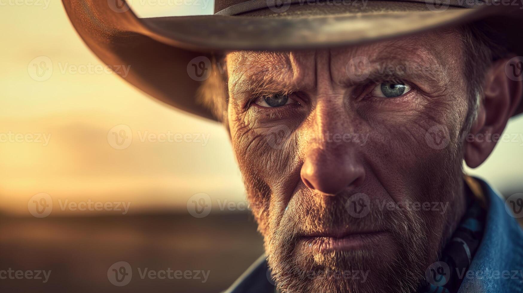Rugged Cowboy with Intense Gaze at Sunset, Close Up Portrait, Western Lifestyle Concept photo