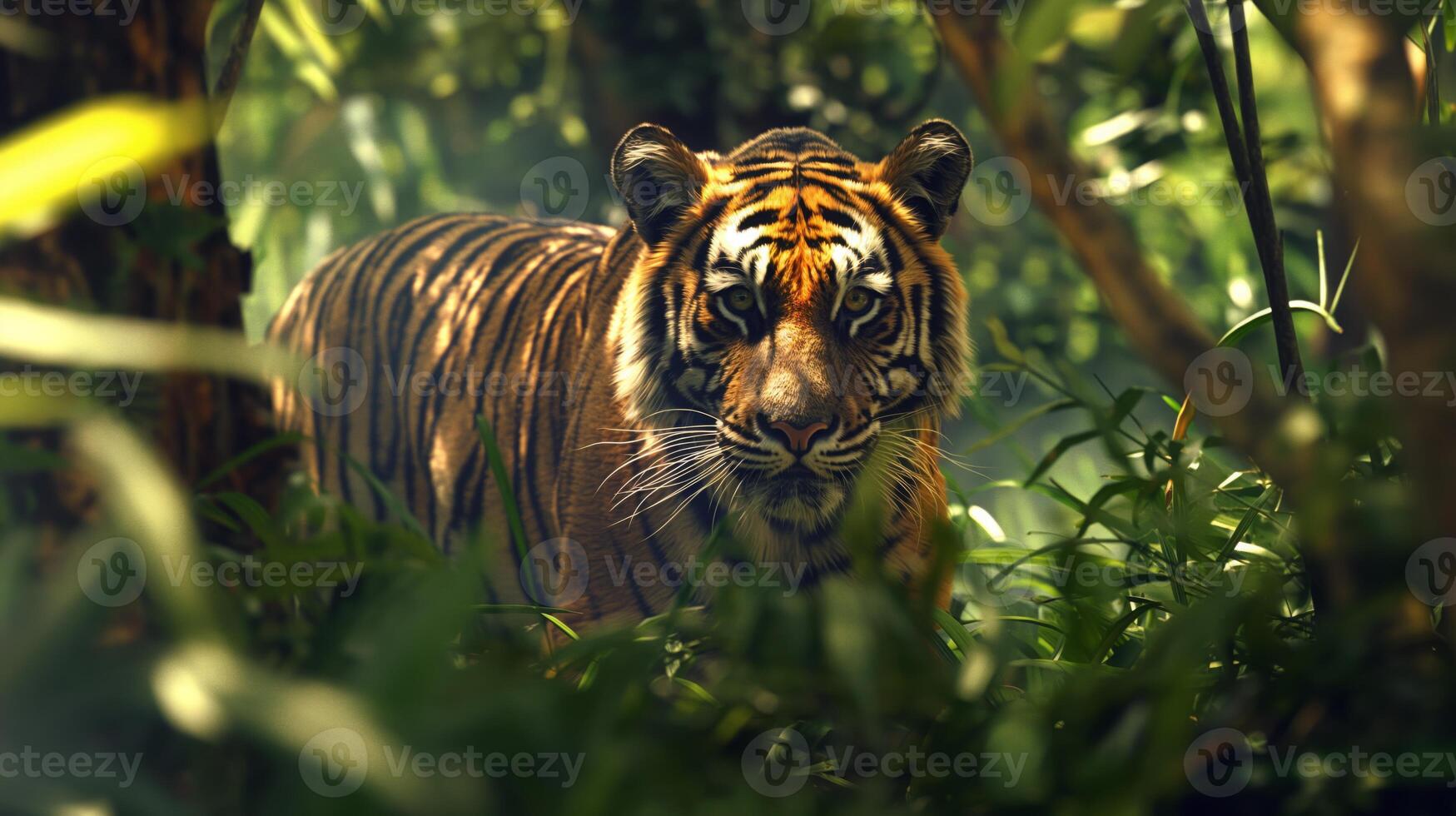 A tiger in the jungle, looking at the camera, amidst lush greenery photo