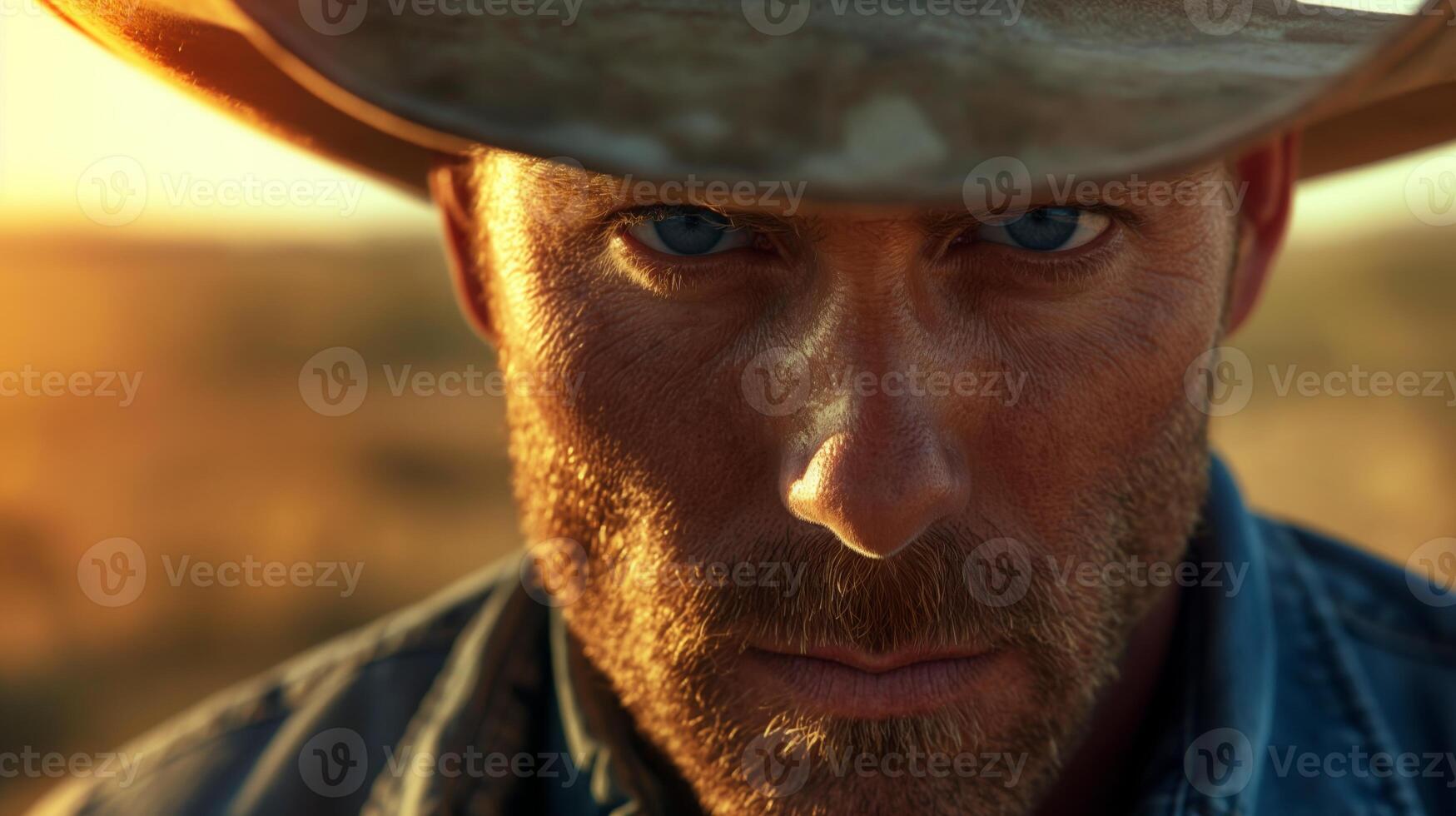 Close-Up Portrait of Tough Cowboy with Intense Blue Eyes at Sunset, Western Themes photo