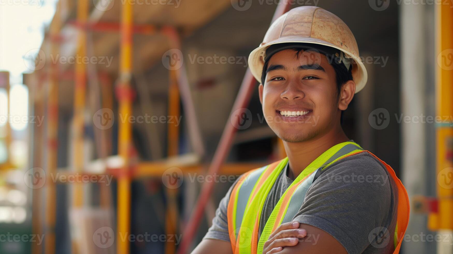 Pacific Islander Construction Worker Smiling, Wearing Helmet and Safety Vest at Building Site for Industrial and Safety Concepts photo