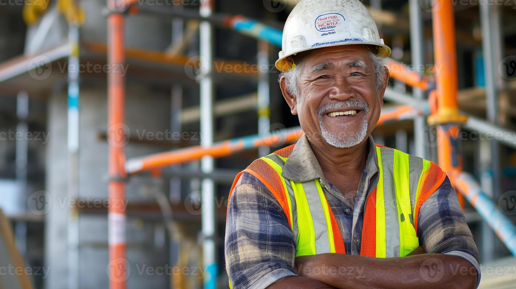 Elderly Pacific Islander Man Smiling While Wearing Safety Gear at Construction Site photo