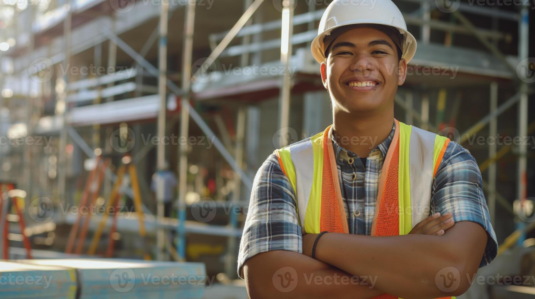 Young Male Construction Worker Smiling at Construction Site, Pacific Islander Appearance, Teamwork, Construction Project photo
