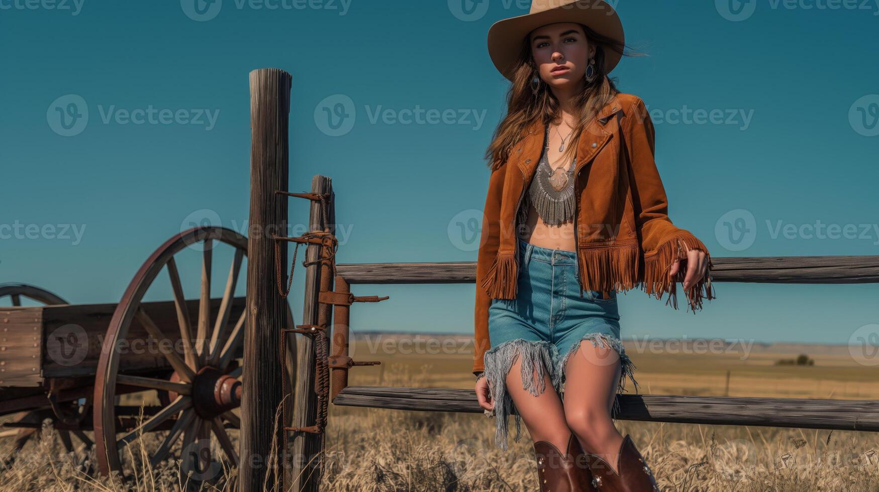 Fashion Photo Shoot in Western Theme Setting with Model in Fringe Jacket and Denim Shorts, Featuring Rustic Wagon and Fence