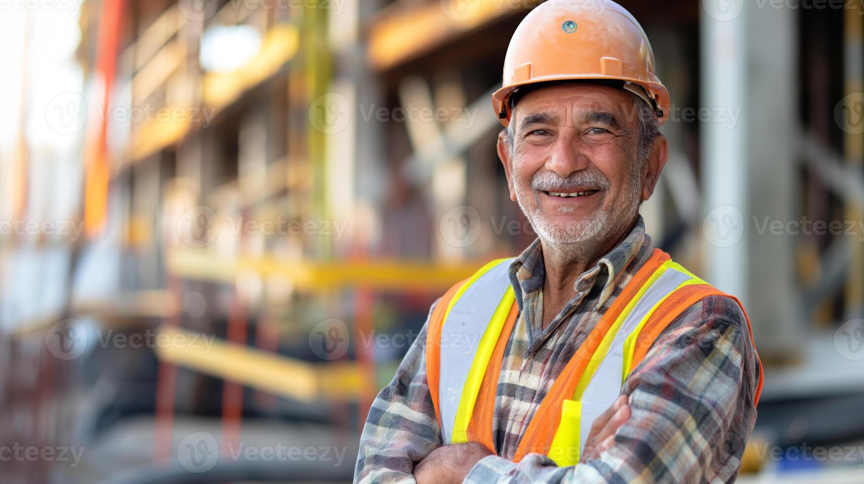 Smiling Middle Eastern Construction Worker in Safety Gear at Building Site for Industrial Campaigns, Advertisements, and Occupational Safety Promotions. photo