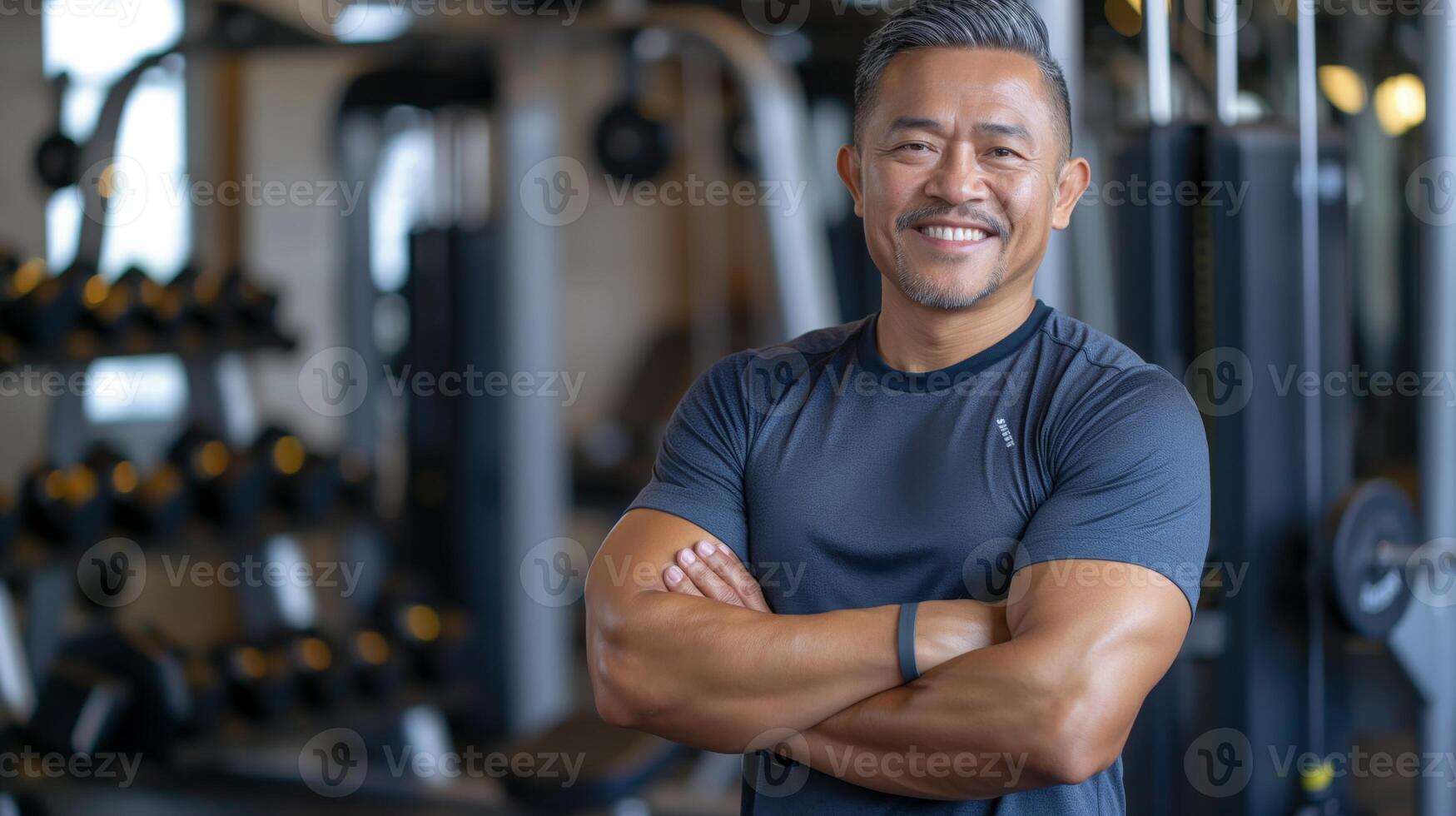 Middle-Aged Filipino Male Fitness Trainer Smiling, Arms Crossed in Gym Setting, Perfect for Health and Wellness Promotions photo
