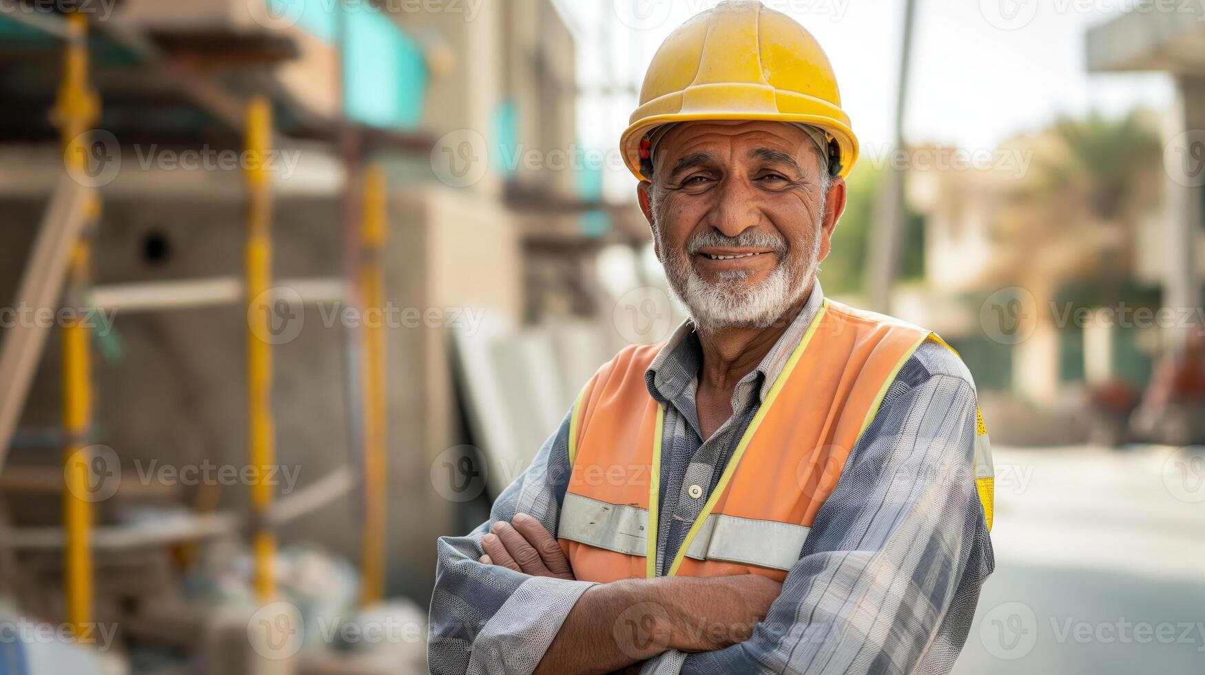 Elderly Construction Worker in Safety Gear Smiling at Construction Site, Concept of Hard Work, Expertise, and Safety photo