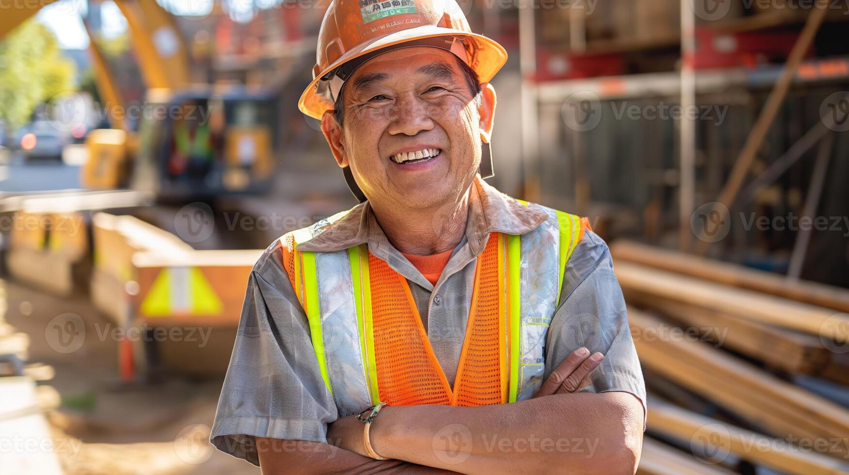 Southeast Asian Male Construction Worker Smiling on Job Site, Highlighting Diversity in the Workforce and Safety Compliance photo
