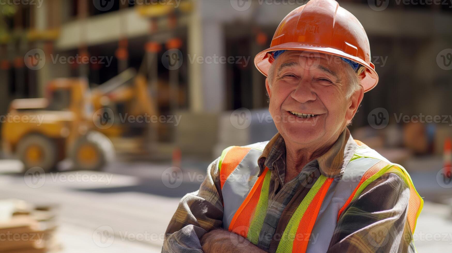 Elderly Jewish Man with Hard Hat and Safety Vest Smiling at Construction Site - Diverse Senior Workers, Stock Photo for Industrial and Business Use