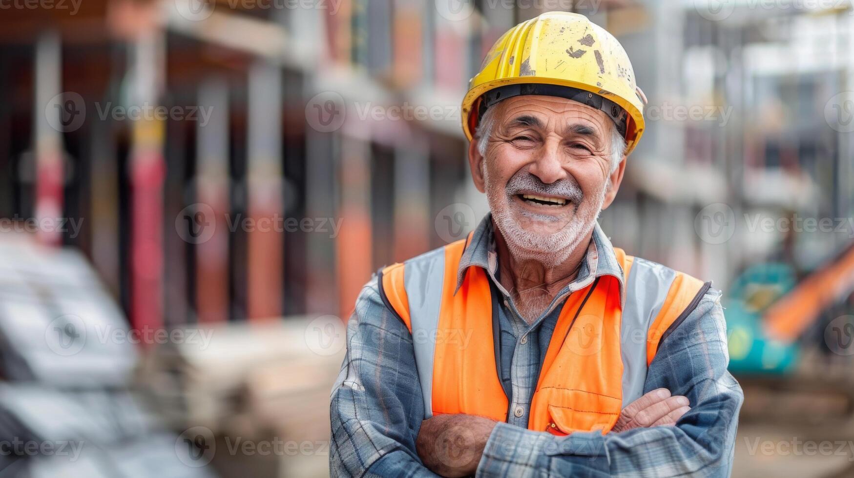 Senior Turkish Construction Worker Smiling at Job Site, Highlighting Diversity and Confidence in Urban Development photo