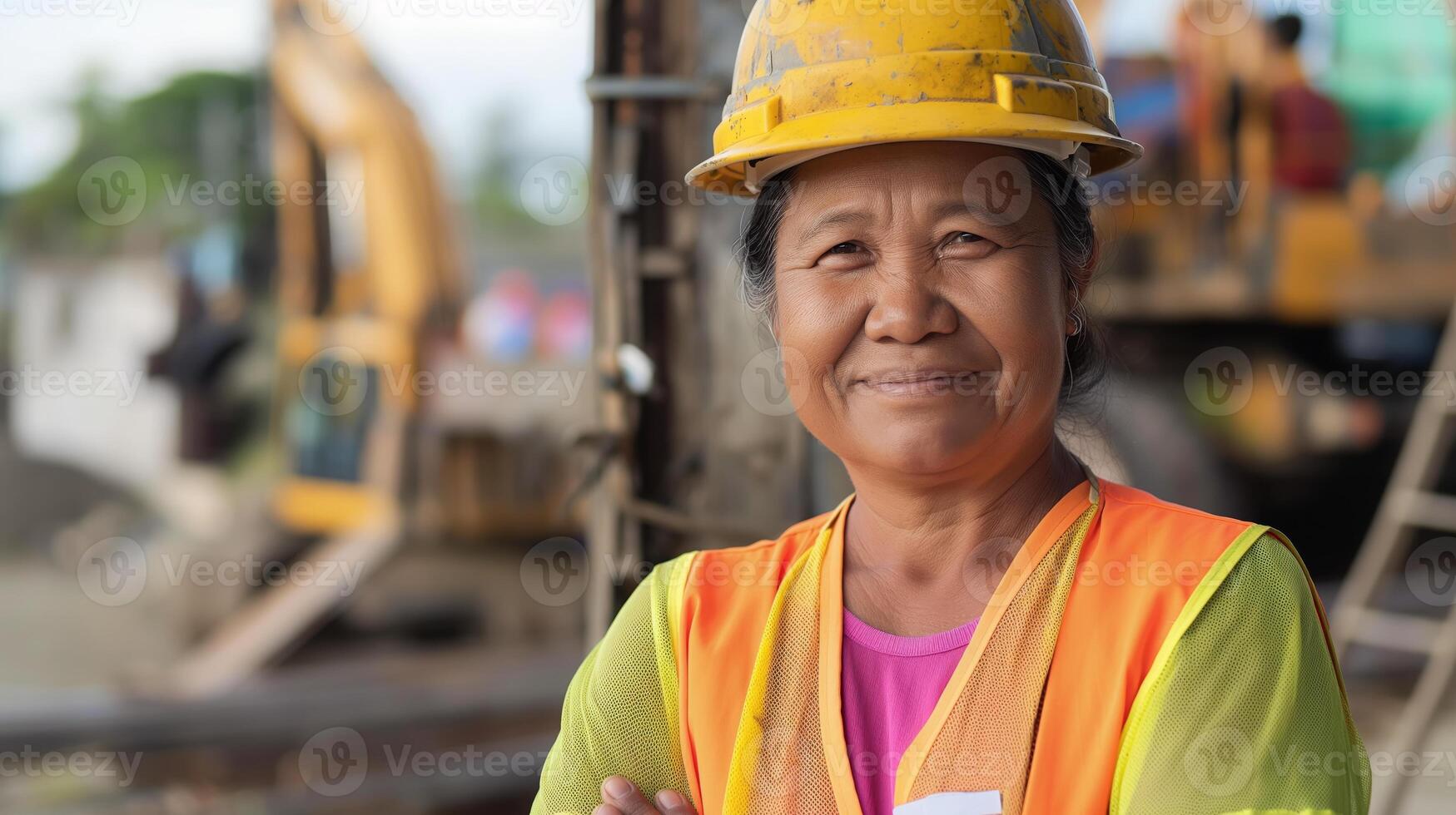 Elderly Filipino Female Construction Worker Smiling in Yellow Hard Hat and Safety Vest, Construction Site Background, Diversity in Workforce, Industry Representation photo