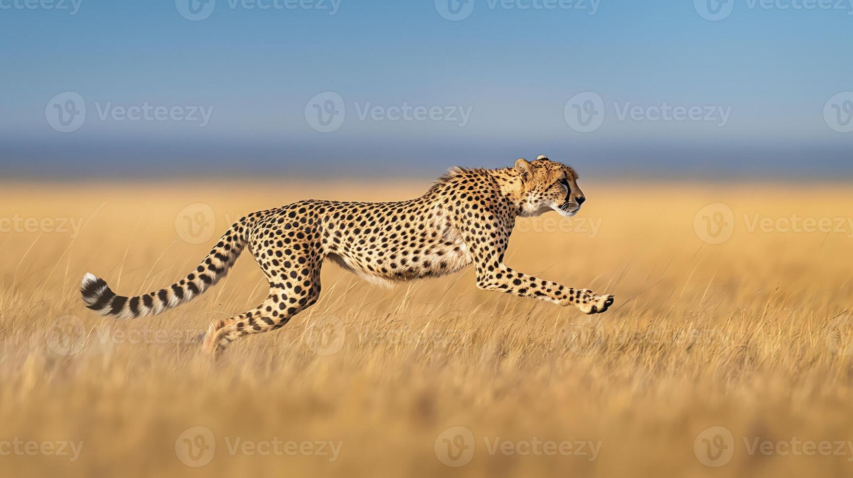 A cheetah swiftly moves across the tall grass in the field photo