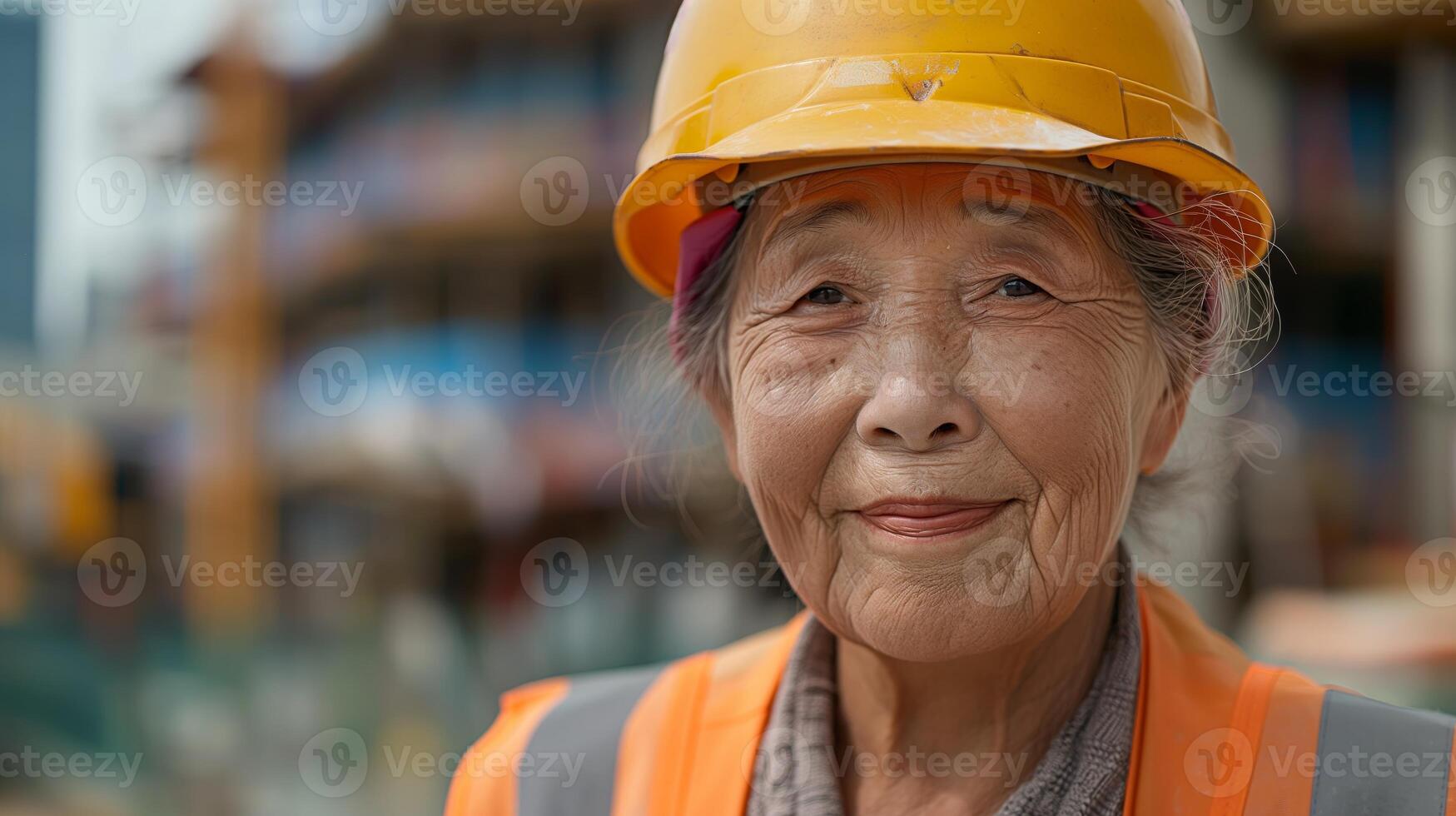 Elderly Asian Woman Construction Worker Smiling on Job Site, Emphasizing Aging Workforce, Diversity, and Inclusion photo