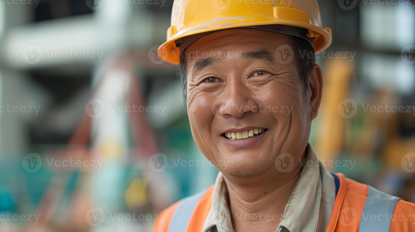 Happy Construction Worker in Safety Gear at Industrial Site, Design for Posters, Brochures, and Promotion Materials photo