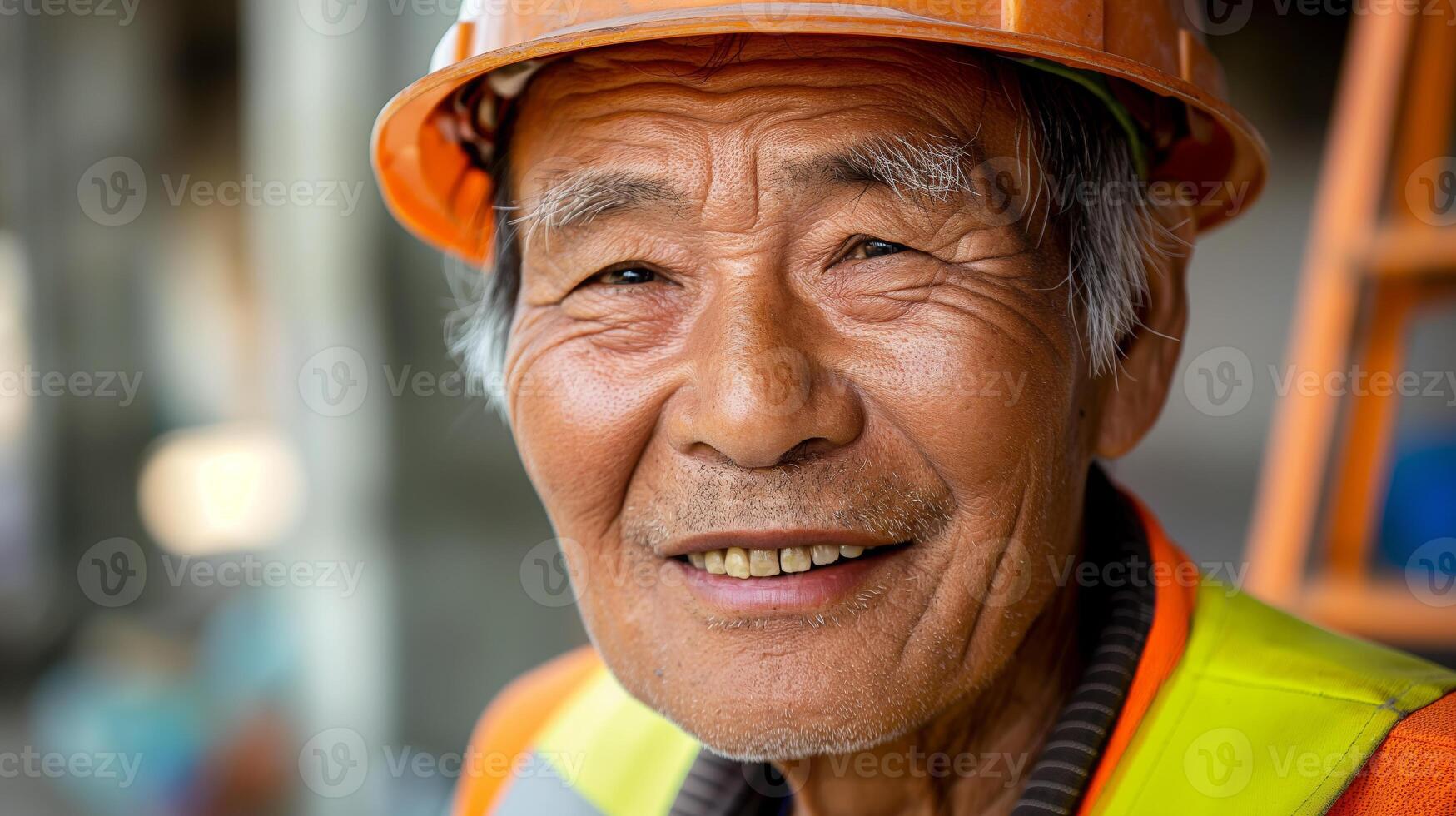 Portrait of a Smiling Elderly Asian Construction Worker in Safety Gear photo
