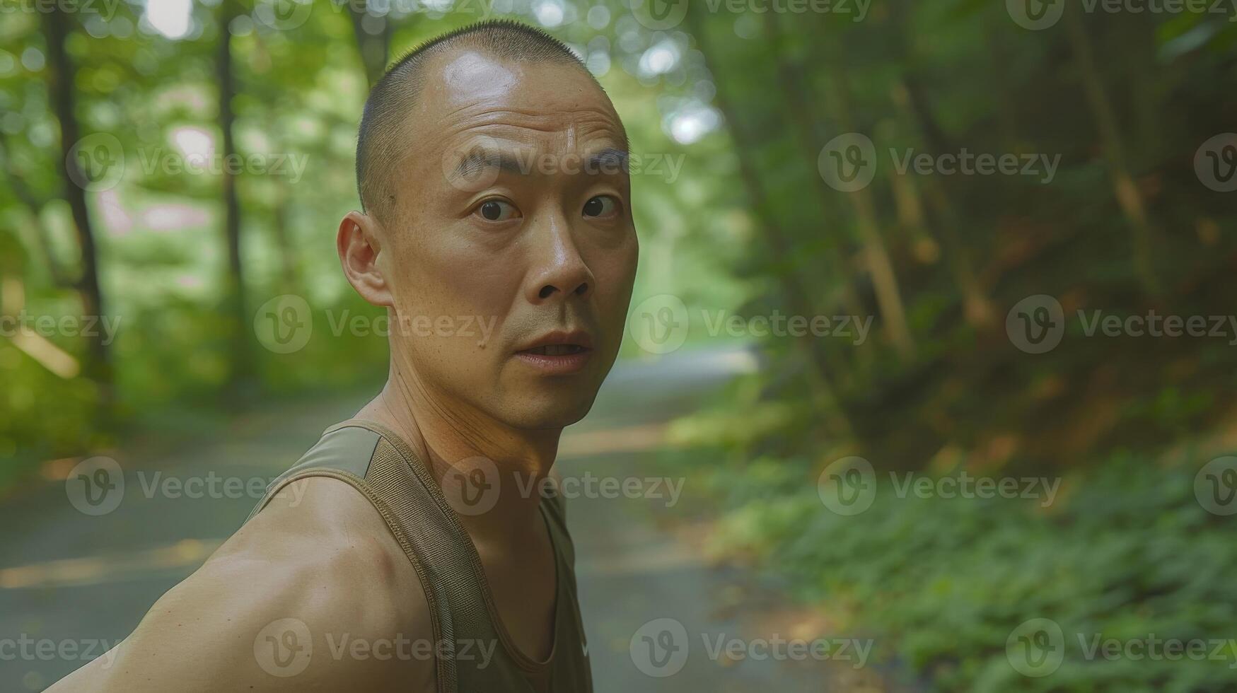 Thoughtful East Asian Man on a Forest Trail, Summer Vacation Fitness, Nature Background, Concept for Outdoor Activities and Health photo