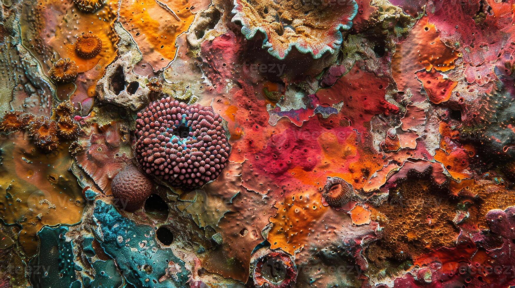Closeup of vibrant coral reef with sponges and sea anemones photo
