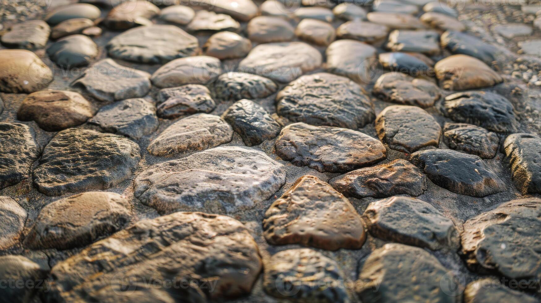A close up of a stone wall made of rocks, displaying a rugged texture photo