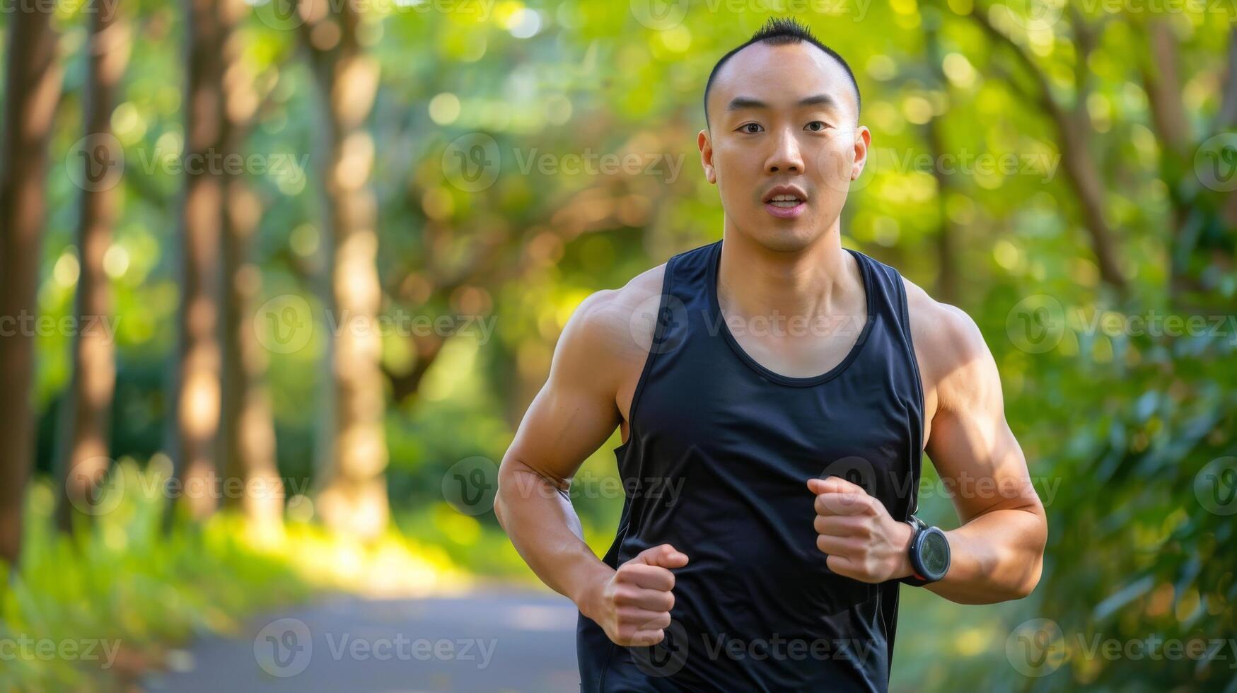 Focused Young East Asian Man Jogging in Nature, Fitness and Wellness Concept, Vibrant Outdoor Exercise for Healthy Lifestyle Promotions photo