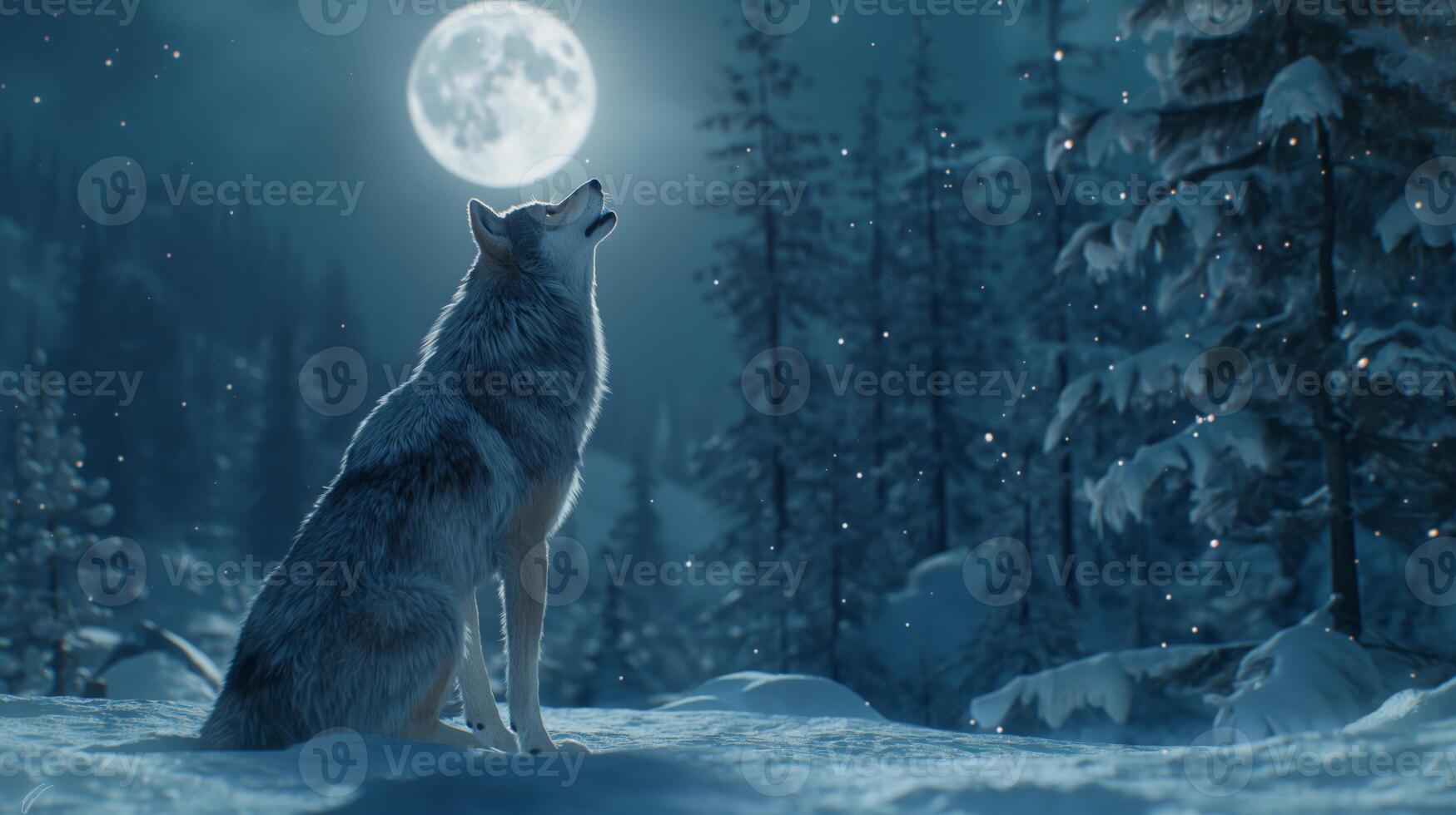 Majestic Grey Wolf Howling at Full Moon in Snowy Forest Winter Nightscape photo