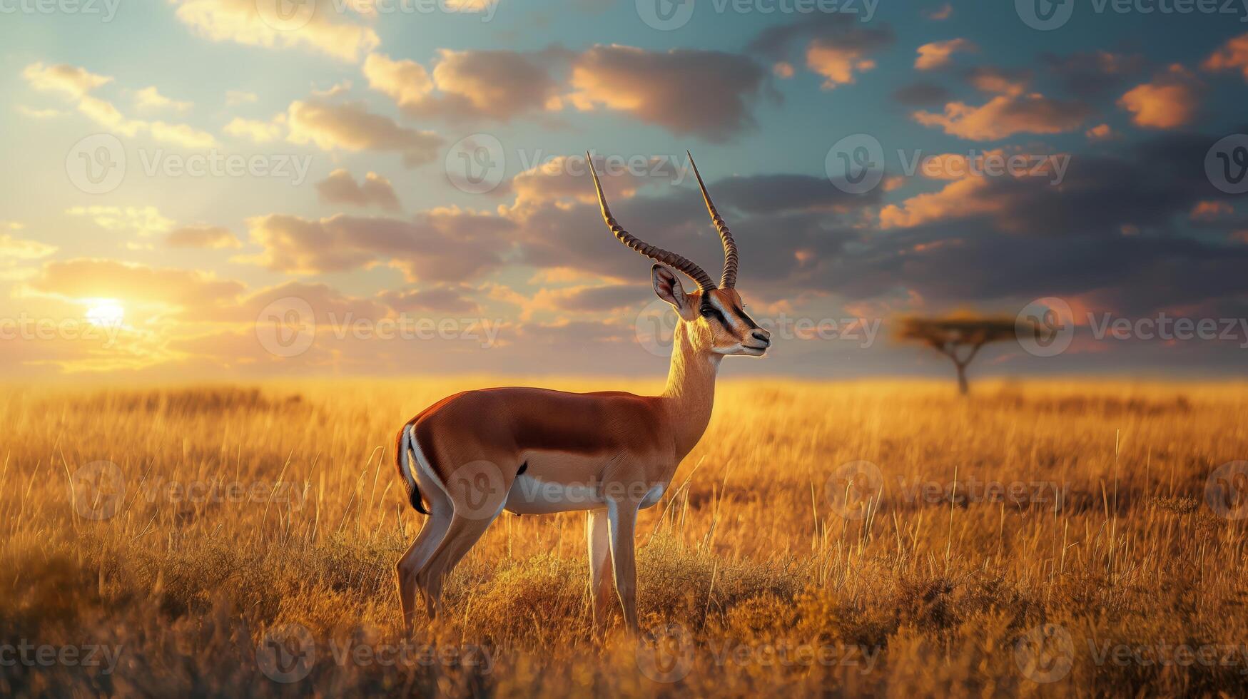 Graceful Gazelle Standing in Golden Savanna at Sunset with Acacia Tree and Dramatic Sky photo