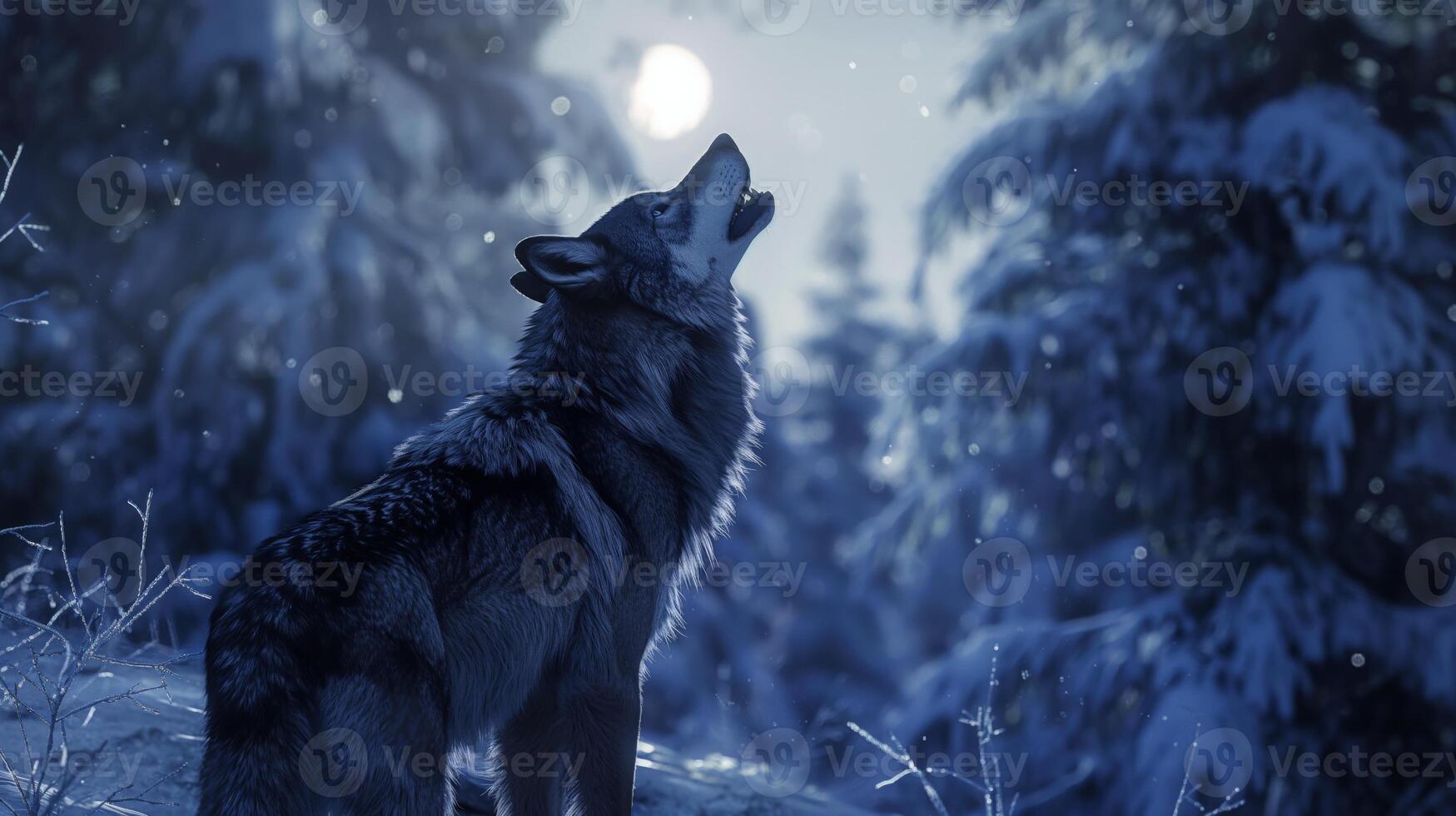 Majestic Wolf Howling at Full Moon in Winter Forest for Wildlife Poster Art and Nature Cards photo