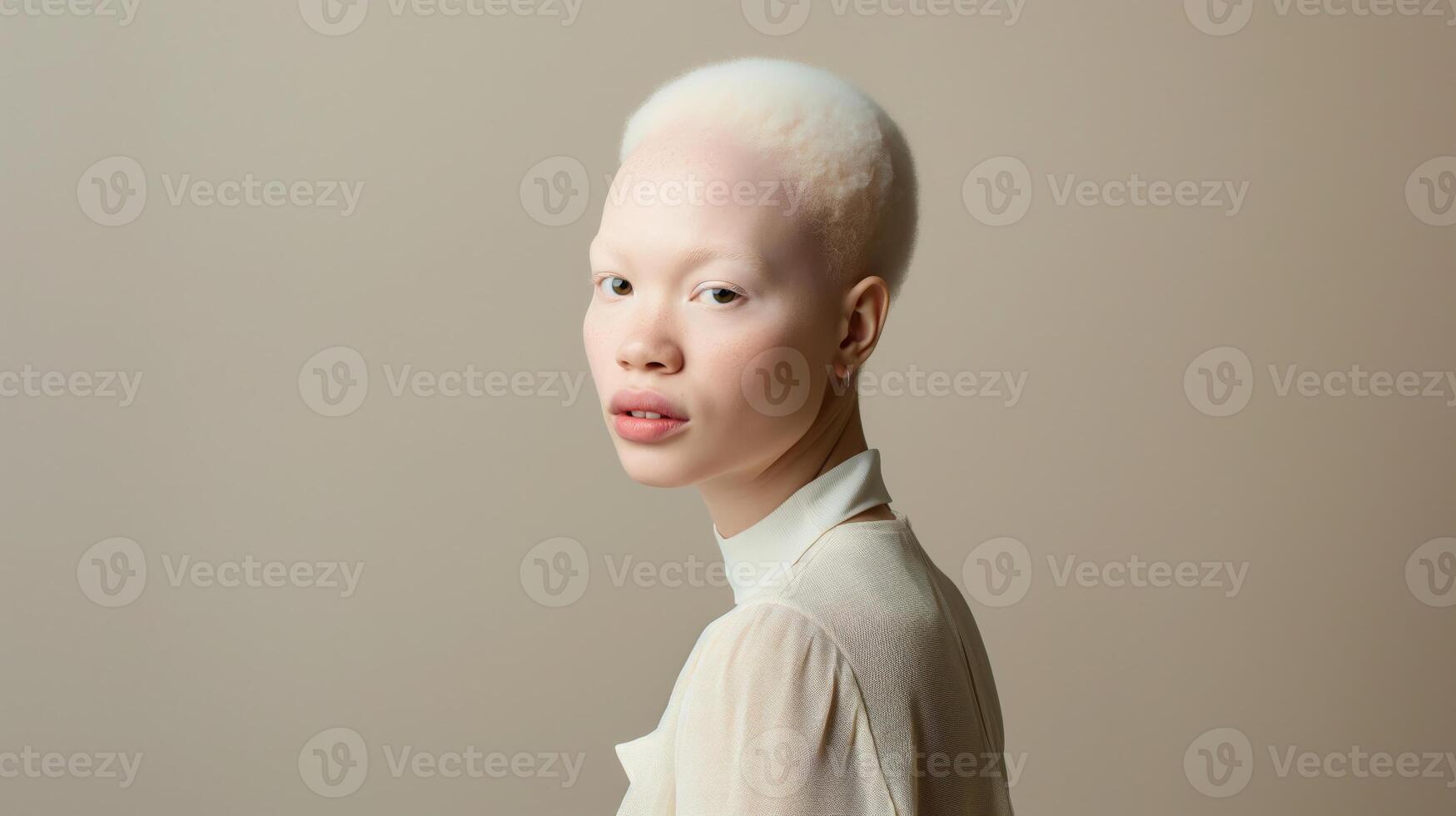 Portrait of a Young Woman with Albinism in Minimalist Fashion, Emphasizing Diversity and Grace photo
