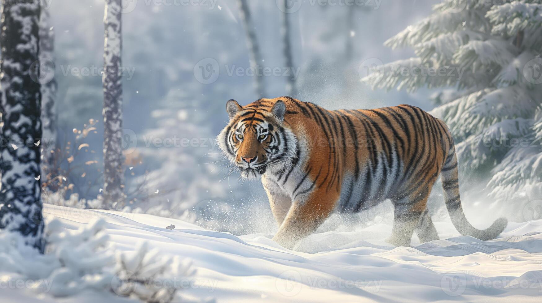 Majestic Siberian Tiger Walking Through Snowy Forest in Winter Wildlife Scene - Perfect for Posters and Prints photo