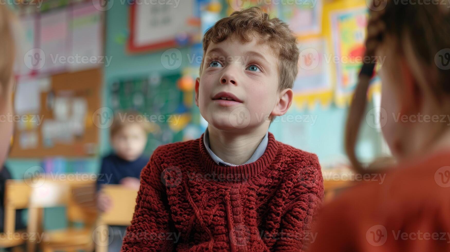 Curious Young Boy with Hearing Impairment Using Sign Language in a Colorful Classroom Setting photo