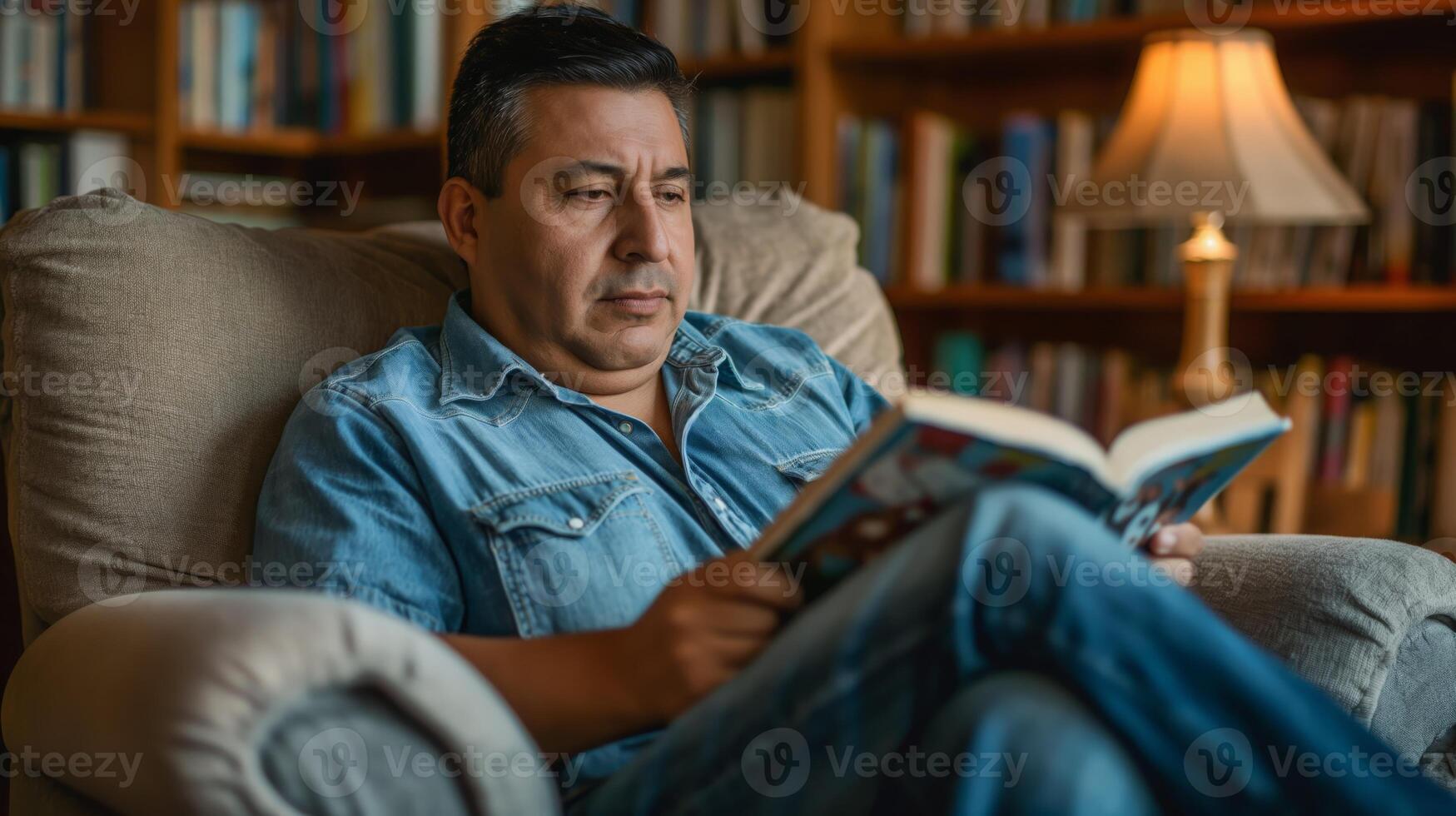 Hispanic Man in Mid-40s Relaxing at Home Reading a Book, Cozy Living Room Ambiance, Perfect for Study, Relaxation, and Leisure Concepts photo