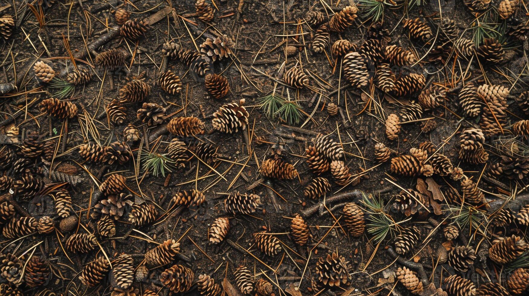 Pine cones scattered across the forest floor, embedded in the beauty of nature photo