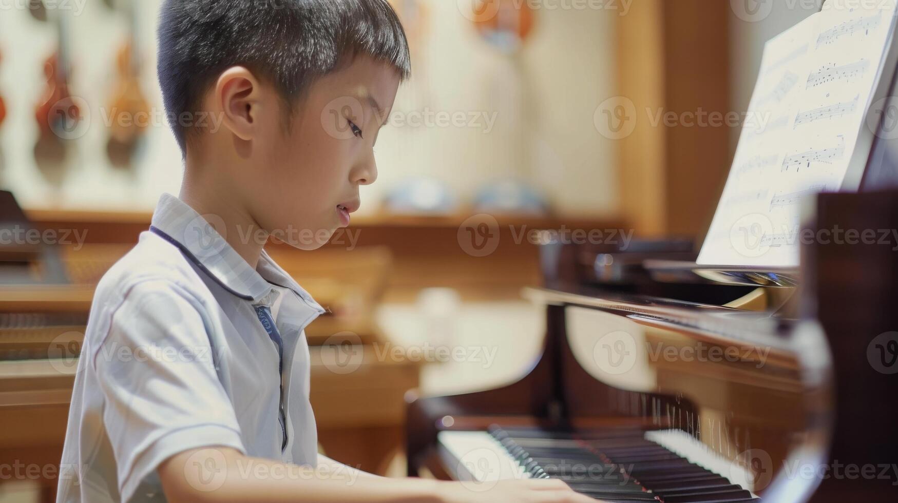 Young Chinese Boy Playing Piano, Musical Education, Childhood Music Lessons, Asian Child Practicing Piano photo