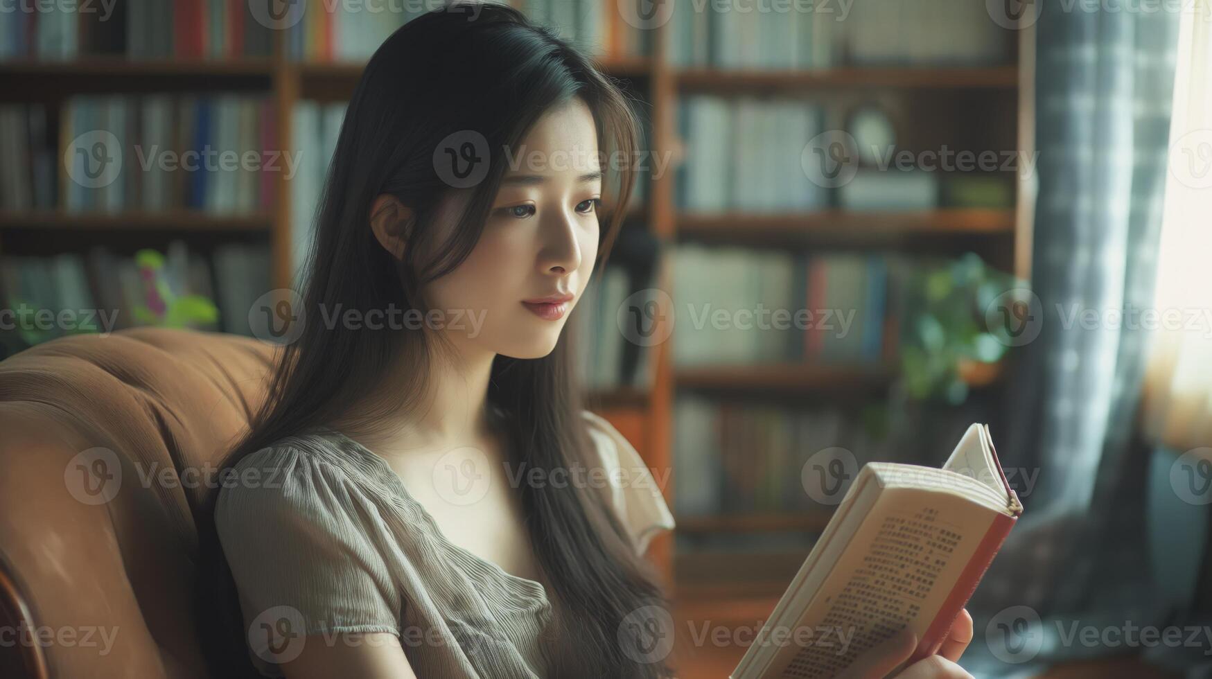 A woman is sitting comfortably on a couch, engrossed in reading a book photo